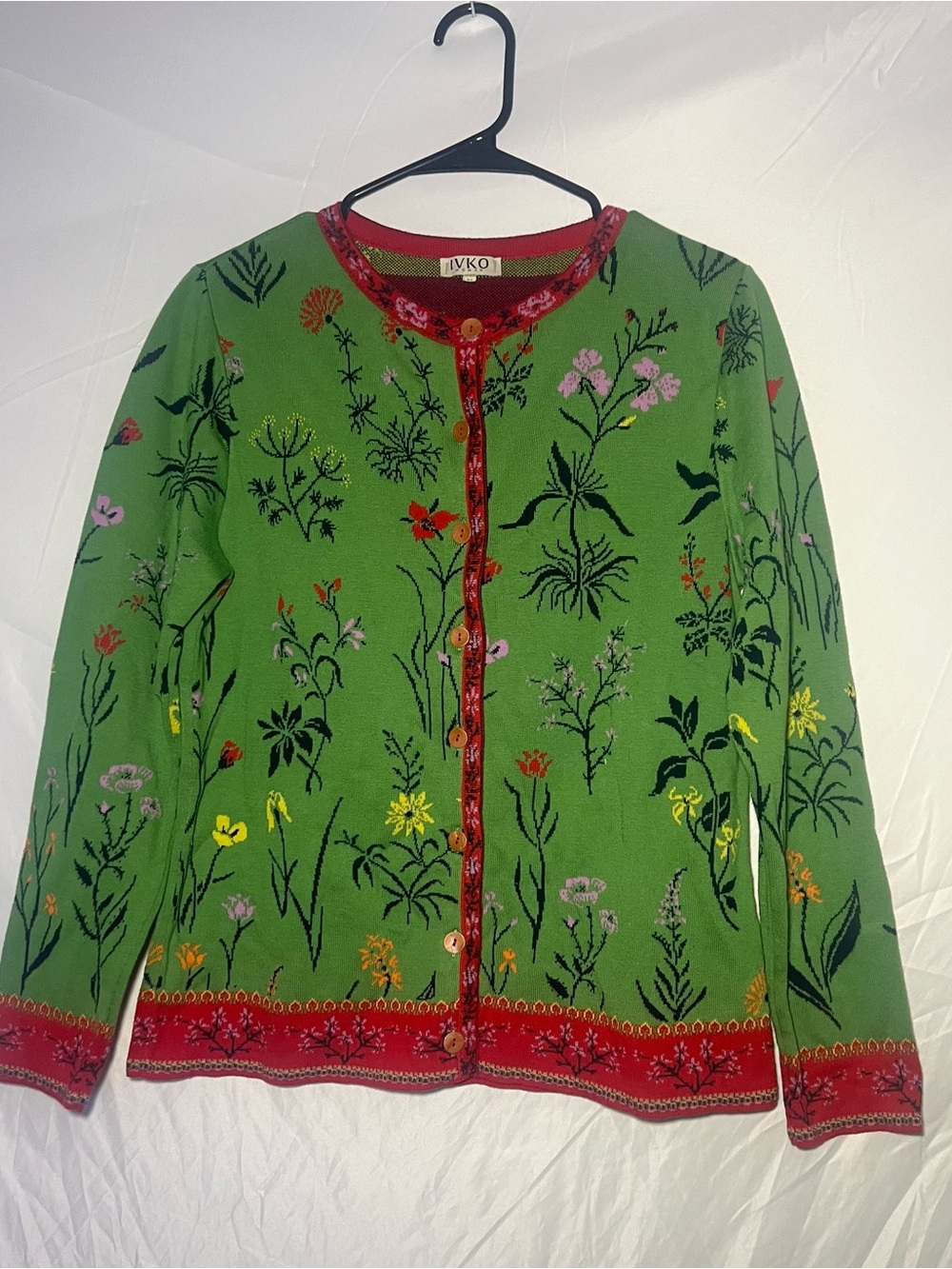 IVKO Green Floral Cardigan with Red Trim